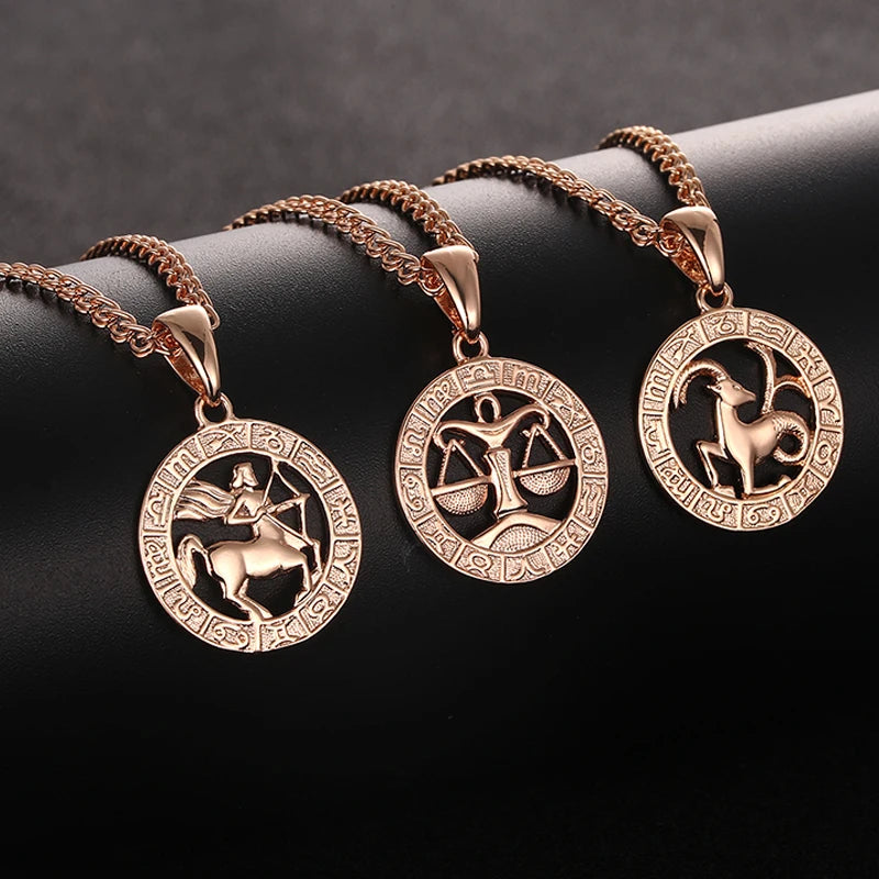 FJ 12 Sternzeichen 585 Gold Farbe Konstellation Rose Anhänger Steinbock/Zweile Twisted + 50 cm Kette Damen Herren Schmuck