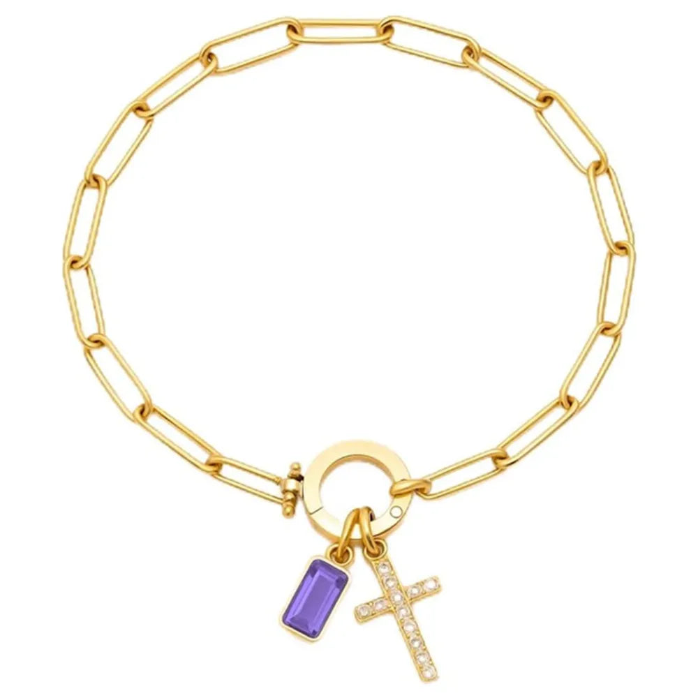 Paperclip Geburtsstein-Kreuz-Charm-Armband Goldfarben Zirkon-Kreuz-Armband Damen Tauf-Schmuck Geschenk für Ehefrau Freundin Mutter