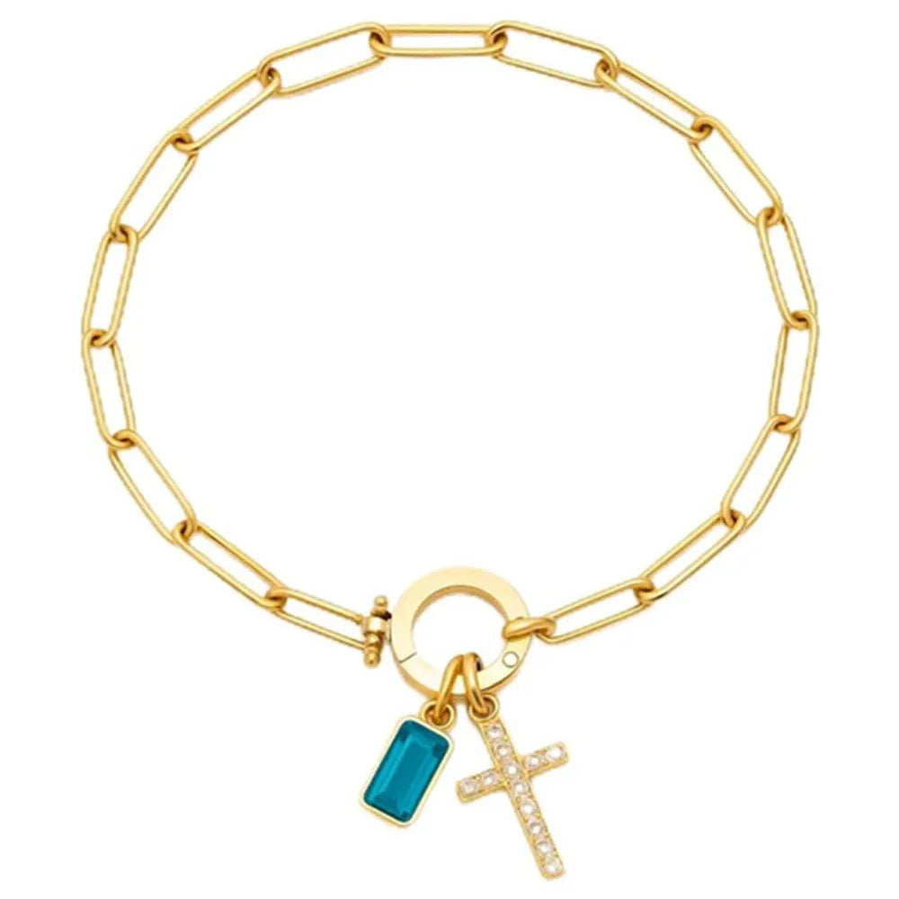 Paperclip Geburtsstein-Kreuz-Charm-Armband Goldfarben Zirkon-Kreuz-Armband Damen Tauf-Schmuck Geschenk für Ehefrau Freundin Mutter