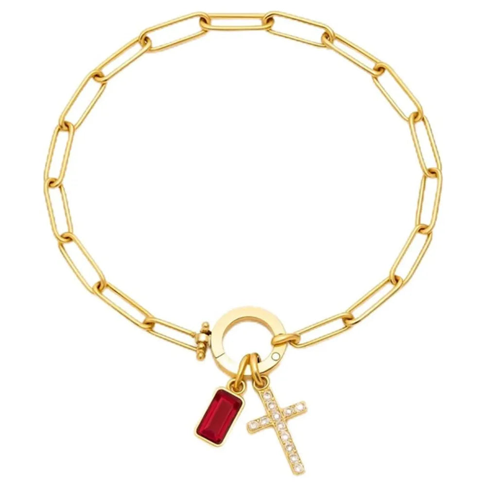 Paperclip Geburtsstein-Kreuz-Charm-Armband Goldfarben Zirkon-Kreuz-Armband Damen Tauf-Schmuck Geschenk für Ehefrau Freundin Mutter