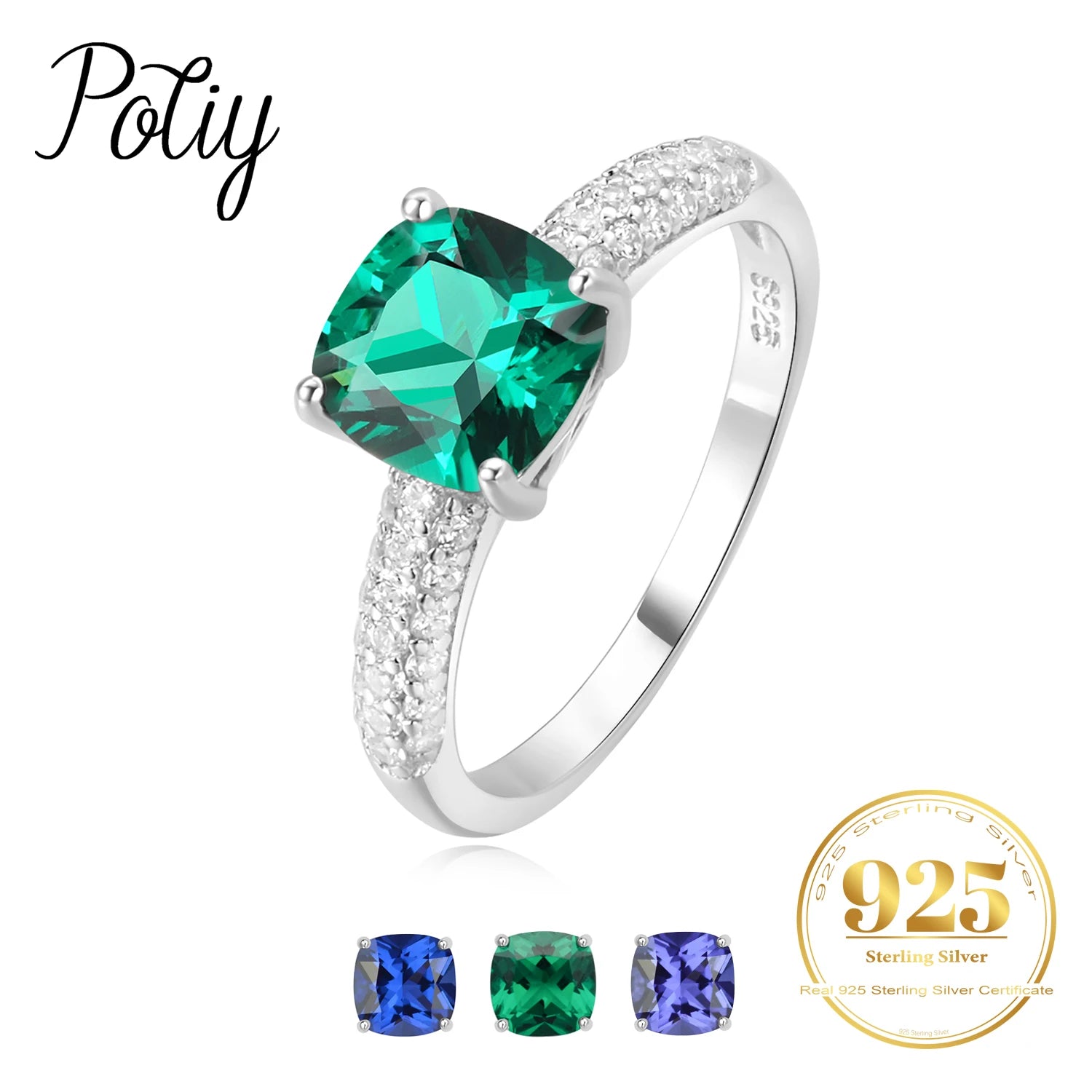 Potiy 2,22 Karat Künstlicher Saphir Nano-Smaragd Tansanit Solitär-Ring aus 925 Sterling Silber für Damen Täglicher Partyschmuck Geschenkset