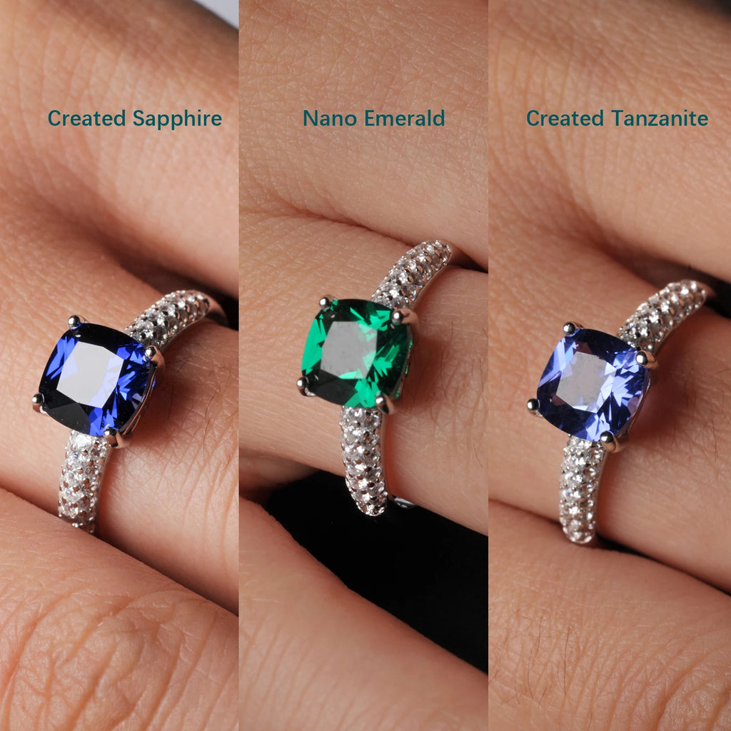 Potiy 2,22 Karat Künstlicher Saphir Nano-Smaragd Tansanit Solitär-Ring aus 925 Sterling Silber für Damen Täglicher Partyschmuck Geschenkset