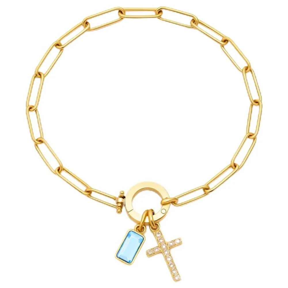 Paperclip Geburtsstein-Kreuz-Charm-Armband Goldfarben Zirkon-Kreuz-Armband Damen Tauf-Schmuck Geschenk für Ehefrau Freundin Mutter