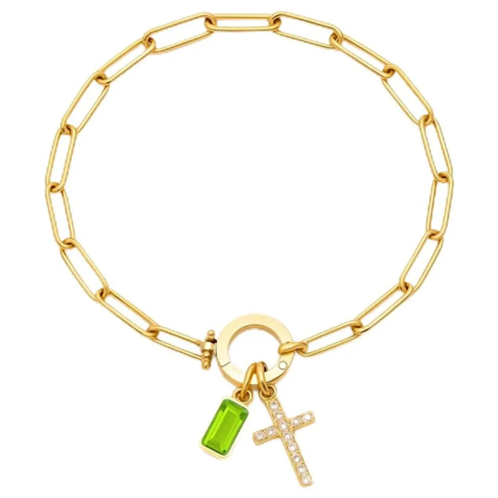 Paperclip Geburtsstein-Kreuz-Charm-Armband Goldfarben Zirkon-Kreuz-Armband Damen Tauf-Schmuck Geschenk für Ehefrau Freundin Mutter