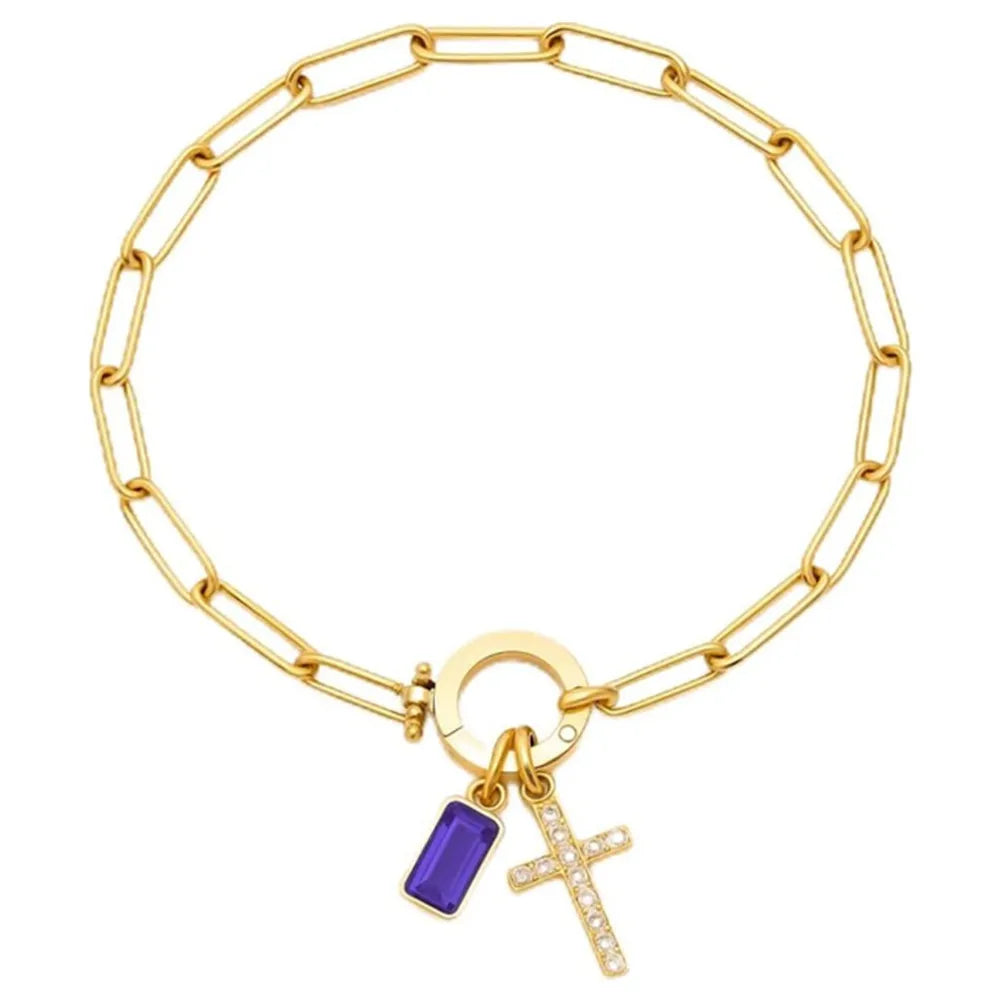 Paperclip Geburtsstein-Kreuz-Charm-Armband Goldfarben Zirkon-Kreuz-Armband Damen Tauf-Schmuck Geschenk für Ehefrau Freundin Mutter