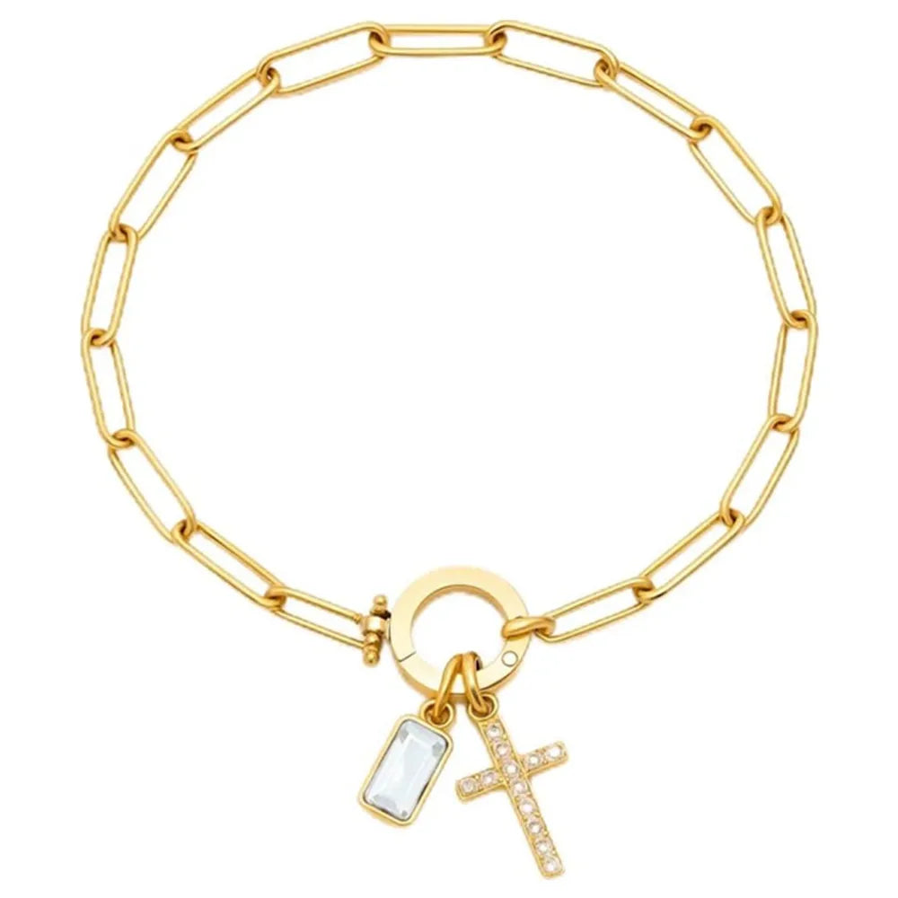 Paperclip Geburtsstein-Kreuz-Charm-Armband Goldfarben Zirkon-Kreuz-Armband Damen Tauf-Schmuck Geschenk für Ehefrau Freundin Mutter