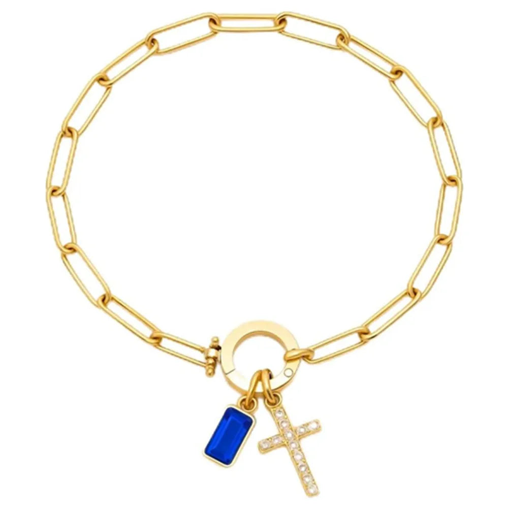 Paperclip Geburtsstein-Kreuz-Charm-Armband Goldfarben Zirkon-Kreuz-Armband Damen Tauf-Schmuck Geschenk für Ehefrau Freundin Mutter