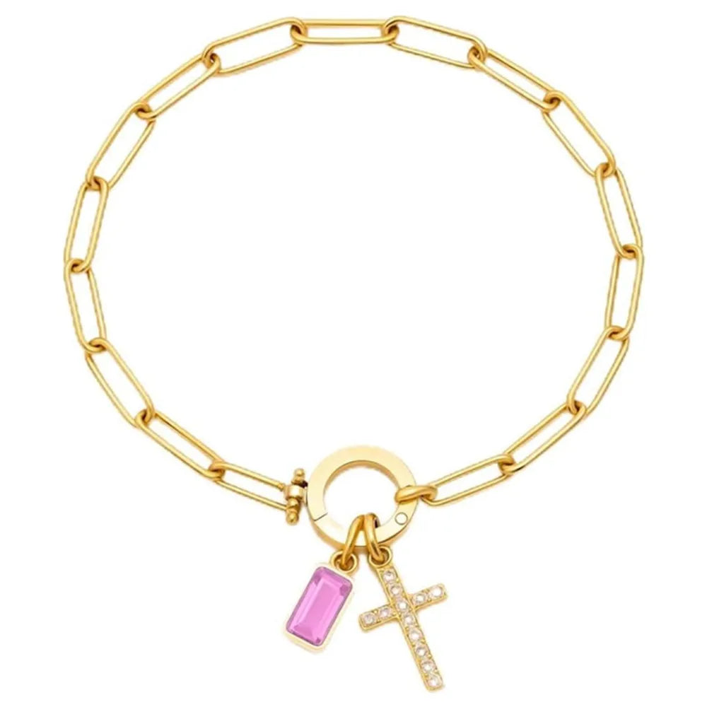 Paperclip Geburtsstein-Kreuz-Charm-Armband Goldfarben Zirkon-Kreuz-Armband Damen Tauf-Schmuck Geschenk für Ehefrau Freundin Mutter