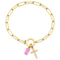 Paperclip Geburtsstein-Kreuz-Charm-Armband Goldfarben Zirkon-Kreuz-Armband Damen Tauf-Schmuck Geschenk für Ehefrau Freundin Mutter