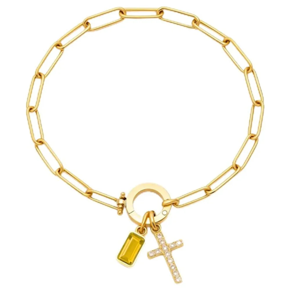Paperclip Geburtsstein-Kreuz-Charm-Armband Goldfarben Zirkon-Kreuz-Armband Damen Tauf-Schmuck Geschenk für Ehefrau Freundin Mutter