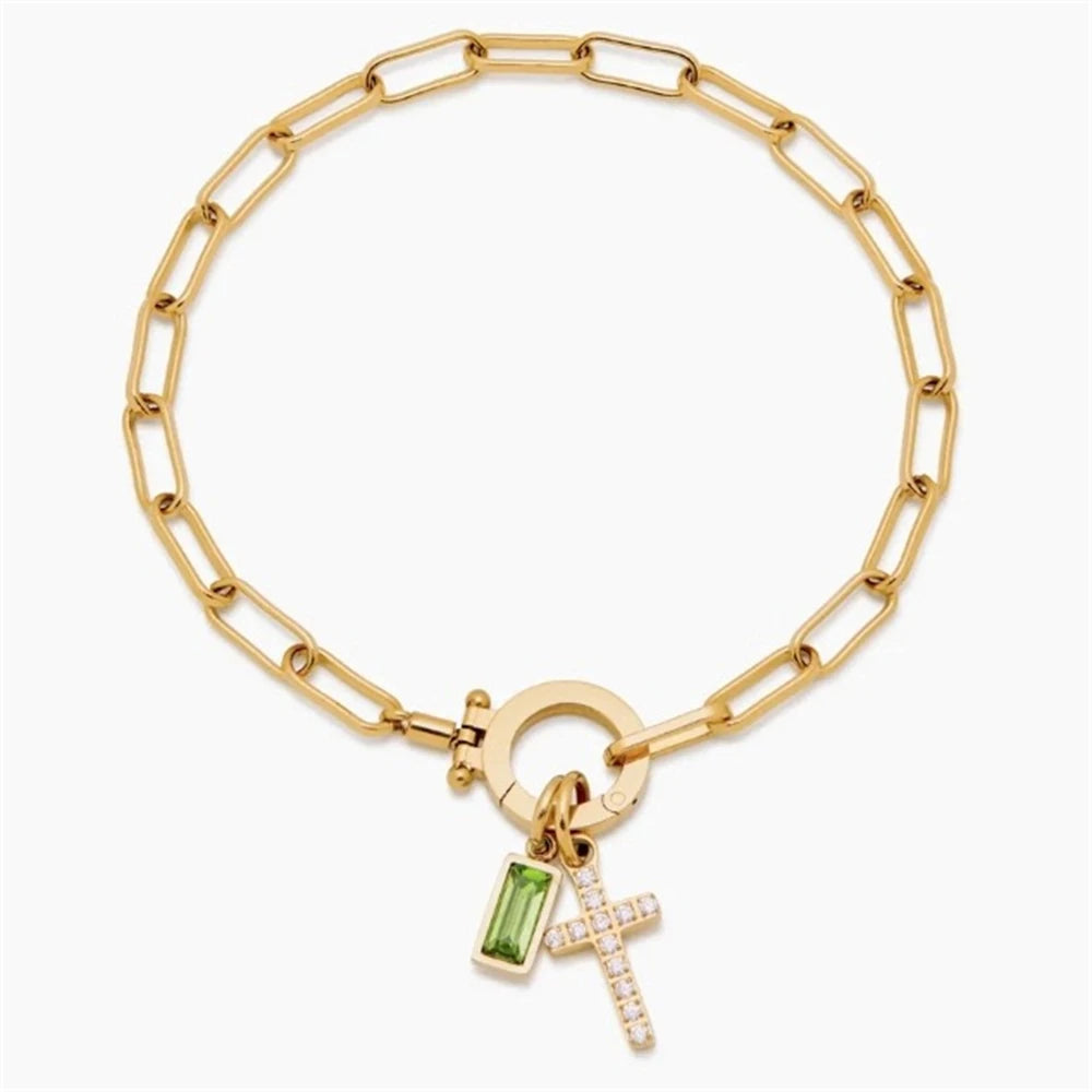 Paperclip Geburtsstein-Kreuz-Charm-Armband Goldfarben Zirkon-Kreuz-Armband Damen Tauf-Schmuck Geschenk für Ehefrau Freundin Mutter