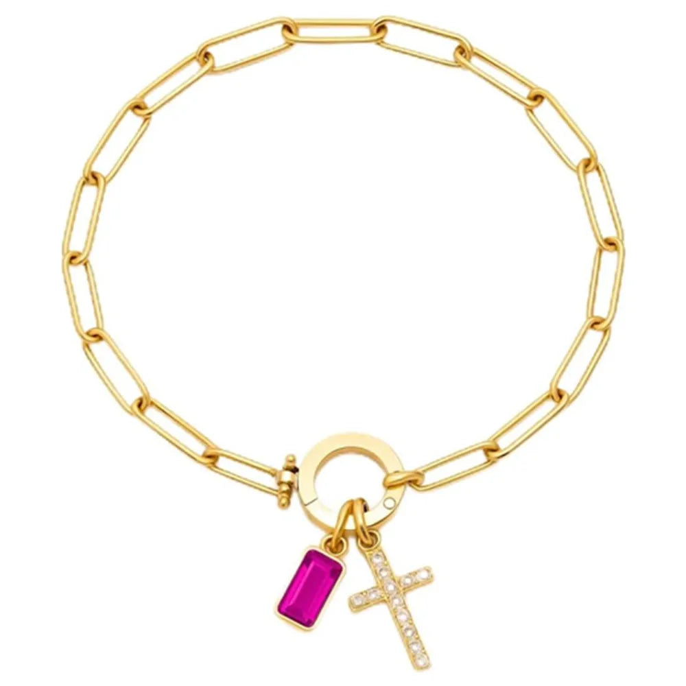 Paperclip Geburtsstein-Kreuz-Charm-Armband Goldfarben Zirkon-Kreuz-Armband Damen Tauf-Schmuck Geschenk für Ehefrau Freundin Mutter