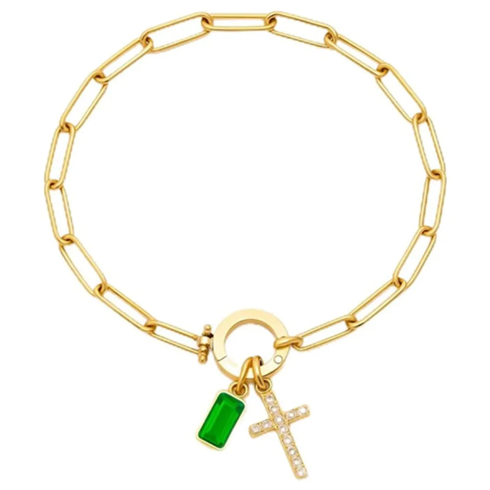 Paperclip Geburtsstein-Kreuz-Charm-Armband Goldfarben Zirkon-Kreuz-Armband Damen Tauf-Schmuck Geschenk für Ehefrau Freundin Mutter